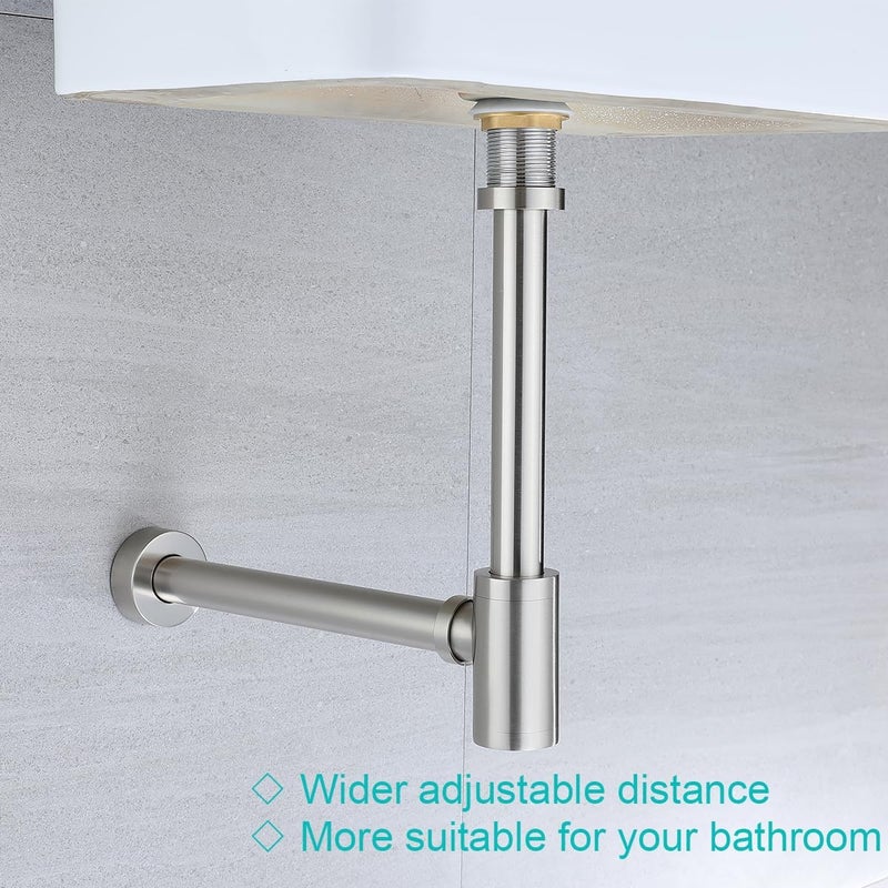 SEABEFORE Brass Round Bottle P-Trap 1 1/4, Adjustable Basin Sink Waste Drain Trap Kit, Brushed Nickel P Trap - Image 2